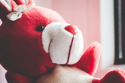 A selective focus shot of a pink bear toy against a white wall