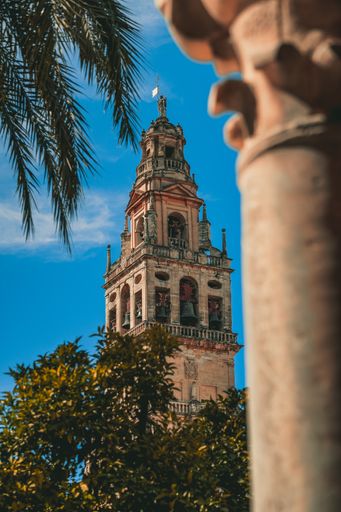 A vertical shot of the interiors inside Mezquita Cathedral in Cordoba, Spain