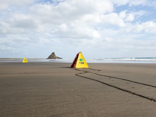 View of surf lifeguard life savers at Karekare beach. Lafesaving club. TSB bank sign.