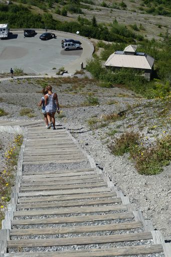 A vertical shot of the Saint Helens mountain and people going downstairs, Washington, United States