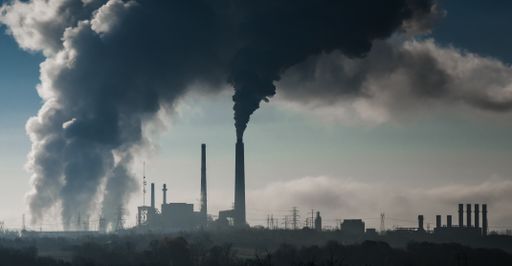 A horizontal shot of smoke coming out of a power station polluting the air