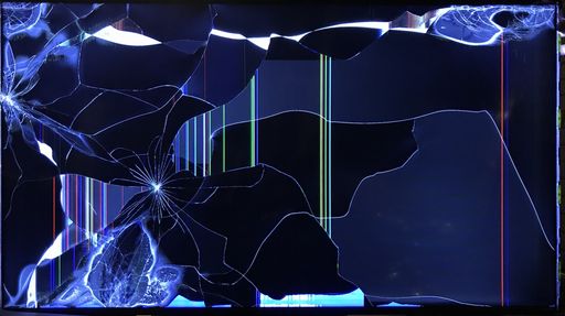 A landscape shot of a broken TV that looks like abstract art with blue hues
