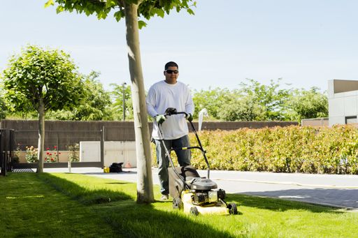 A landscape shot of a male cutting the grass with a lawn mower on a sunny bright afternoon