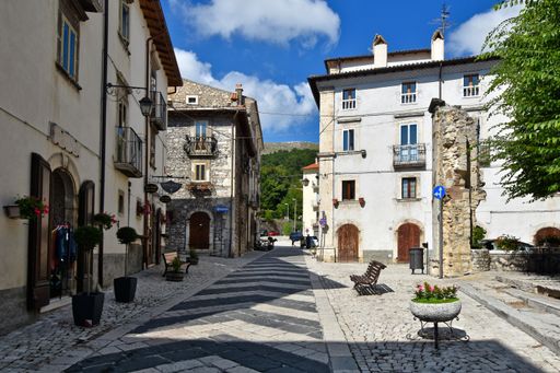 A view of narrow street among the buildings of Pescocostanzo