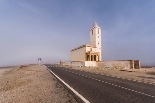 Church of Las Salinas, abandoned church in the Cabo de Gata natural park, Almeria, Andalucia, Spain.