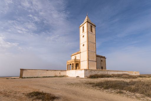 Church of Las Salinas, abandoned church in the Cabo de Gata natural park, Almeria, Andalucia, Spain.