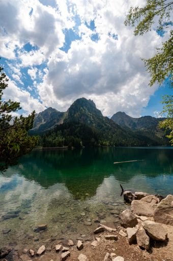 A vertical shot of a scenic lake surrounded by mountains reflected on the water surface