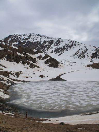 A vertical shot of a landscape with snowy mountains under the cloudy skies