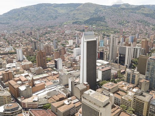 Aerial view of the center of Medellin Colombia, the emblematic Coltejer Building symbol of the city stands out