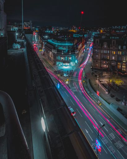 The light trails on the street of Leeds at night