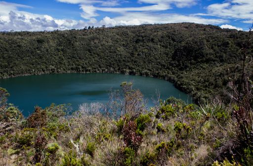 A scenic view of Lake Guatavita in Bogota, Colombia