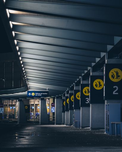 A vertical shot of a perspective of an empty airport parking space.