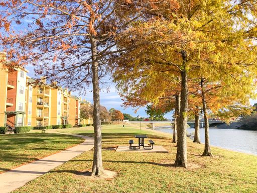 A beautiful view of a picnic table near the river in Texas, USA