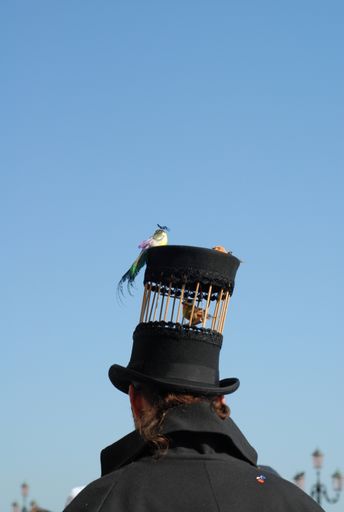 A vertical shot of a man in a cage shaped hat with birds during the Carnival of Venice, Italy