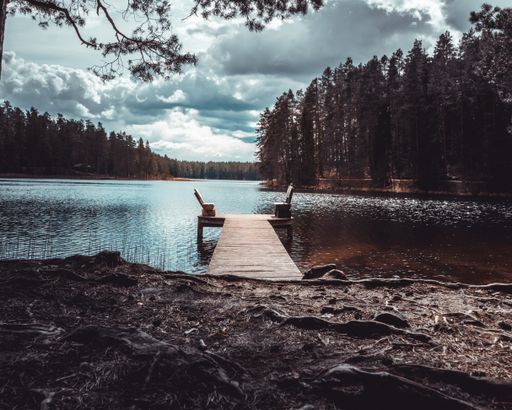 A scenic view of wooden benches on the pier in a lake surrounded by green pine forests on a gloomy day