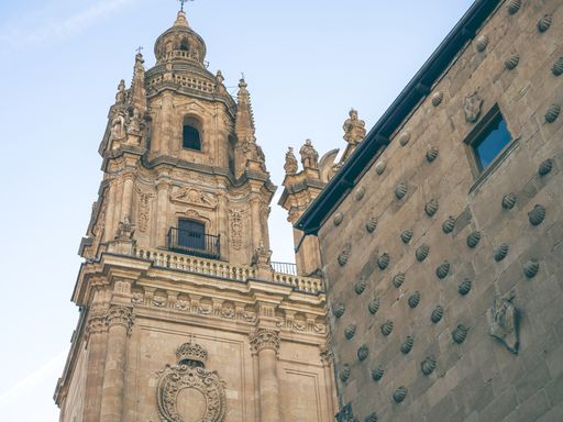 A low angle shot of The Casa de las Conchas under the sunlight in Salamanca, Spain