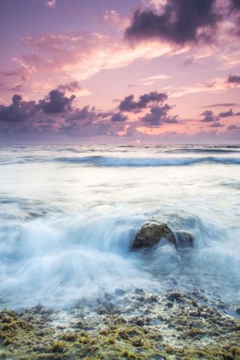A vertical shot of the mesmerizing foamy ocean waves under a peachy purple sky