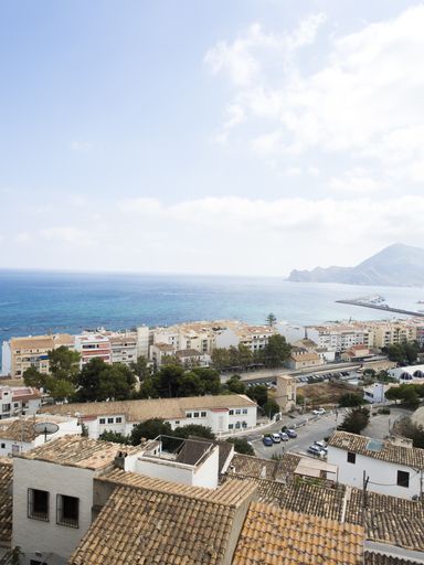 A panoramic view of Altea village from the viewpoint on a clear sky background