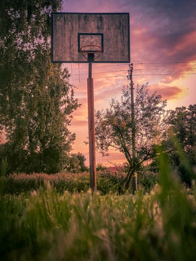 A vertical shot of a basketball hoop in a field under the scenic pink cloudy sky