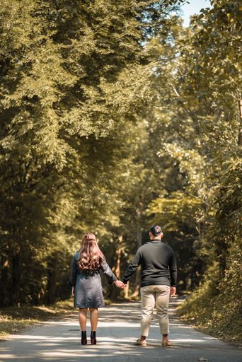 A vertical back view of a couple walking in a park holding hands