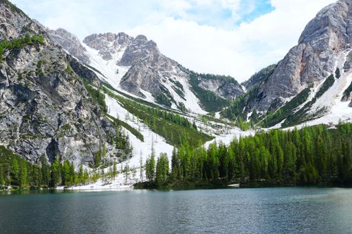 A horizontal shot of the Prags lake in The Fanes-Senns-Prags Nature Park located in South Tyrol, Italy