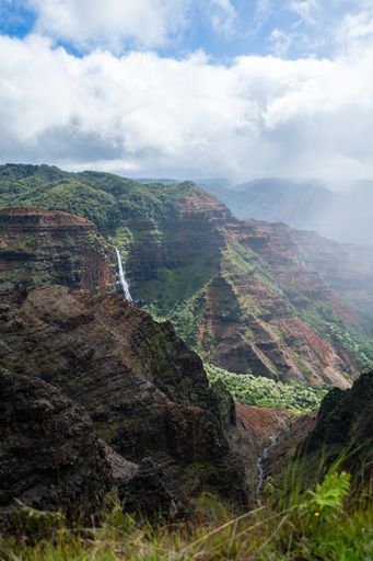A high angle shot of a beautiful landscape with rocky cliffs under a cloudy sky