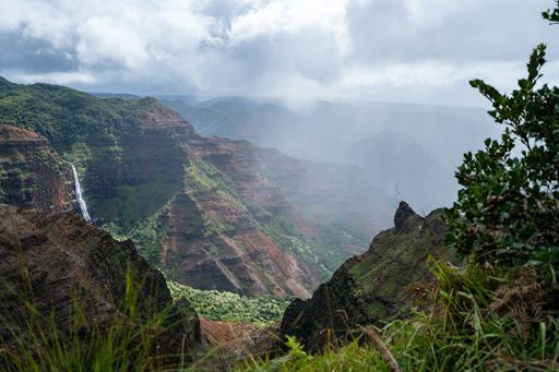 A high angle shot of a beautiful landscape with rocky cliffs under a cloudy sky