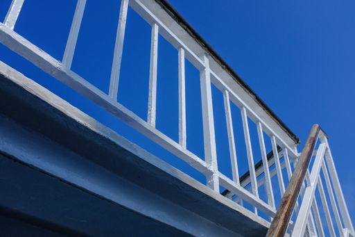 A low angle shot of a balcony with a white fence and a clear sky in the background