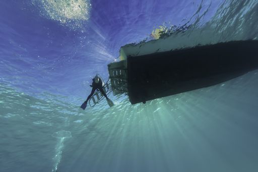 A diver removing fins on the dive boat ladder