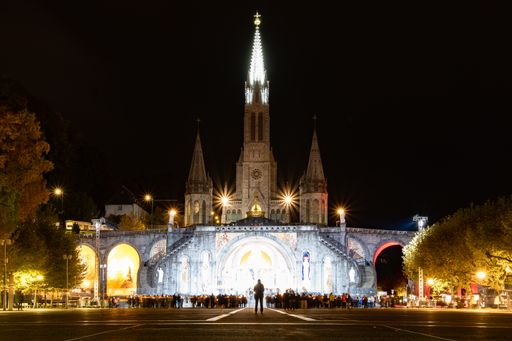 A mesmerizing photo of Basilica of Our Lady of the Rosary Roman Catholic church at night
