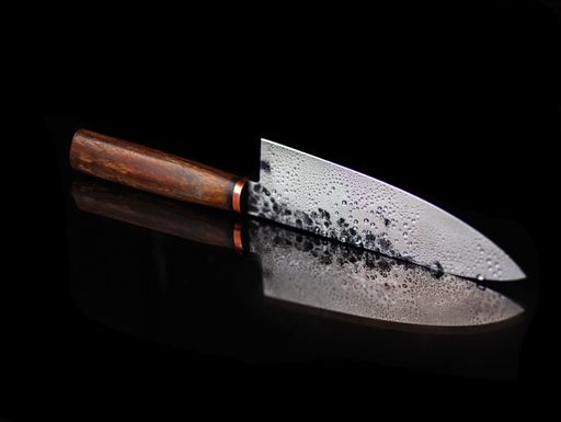 A sharp knife with a wooden handle and its reflection on a black surface