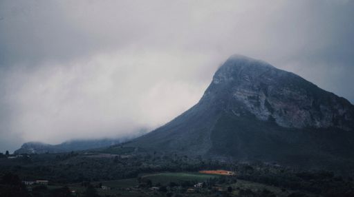 A beautiful landmark of a green forest field with a high rocky mountain covered in fog on a gloomy day