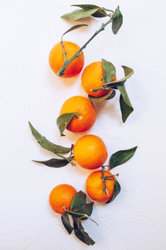 An overhead vertical shot of oranges on a white surface