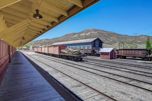 A view across the train yard from the platform at the Northern Nevada Railway Museum.