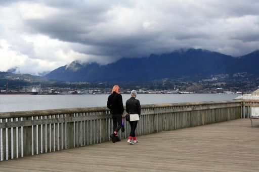 A view of two people walking along the wooden pierce in Vancouver, British Columbia, Canada