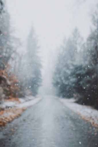 A vertical blurred shot of a pathway in the middle of snowy trees