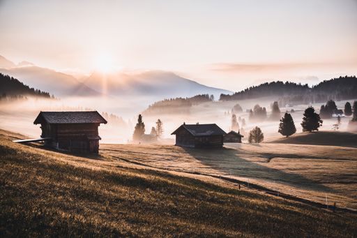 A beautiful view of the landscape of Dolomitic Alps Mountain with the sunset in South Tyrol, Italy