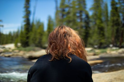 The beautiful shot of a red-haired  adult female girl taking from behind in a forest