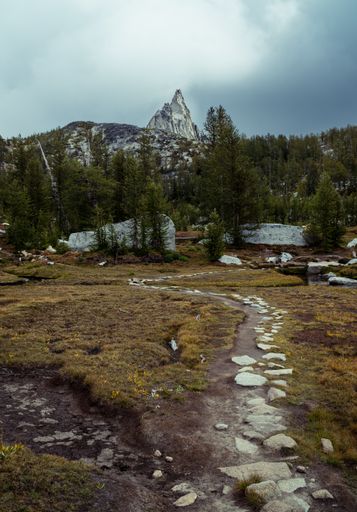 A vertical shot of a trail leading to the Enchantments in the Alpines