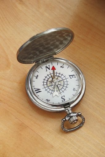 A close-up shot of an old antique compass with a wooden table background
