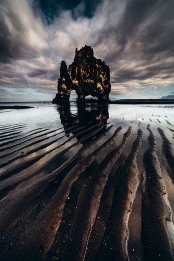 A beautiful view of rock formation Hvitserkur at sunset in Northern Iceland