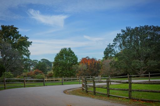 The beautiful countryside landscape with the wooden fence across the road surrounded by green plants.