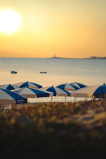 A vertical shot of the umbrellas on the beach against the sunset sky.