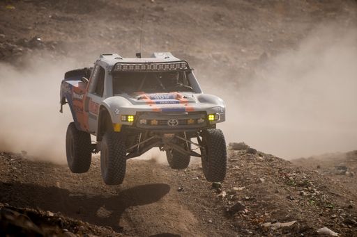 A closeup of a white off-road race Toyota car in the desert in Las Vegas, NV, USA