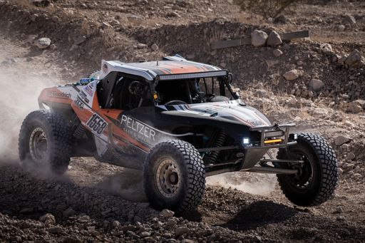 A closeup of an off-road race car in the desert in Las Vegas, NV, USA