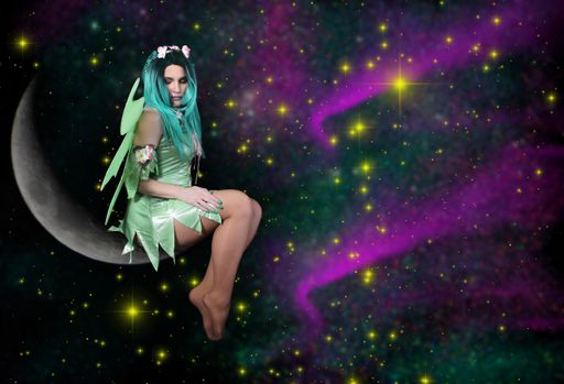 A Caucasian nigh fairy sitting on the edge of the moon in the galaxy.