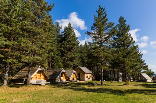 The beautiful view of the small wooden cottages surrounded by pine trees.