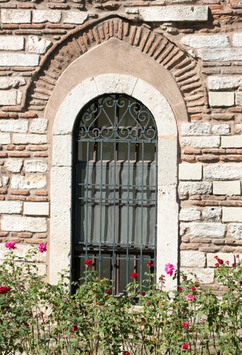A vertical shot of a beautiful castle metallic door surrounded by flowers