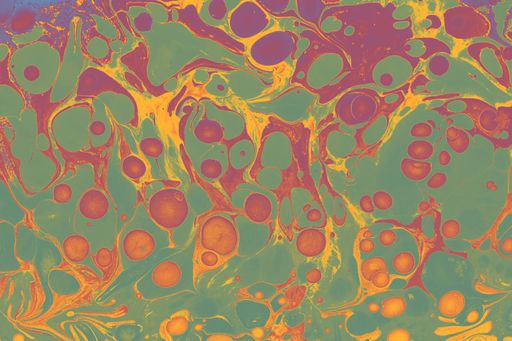 A closeup shot of an abstract painting made of orange, purple and green colors