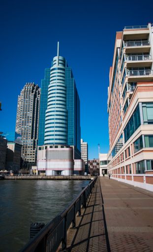 a vertical shot of exchange palace center in jersey city.